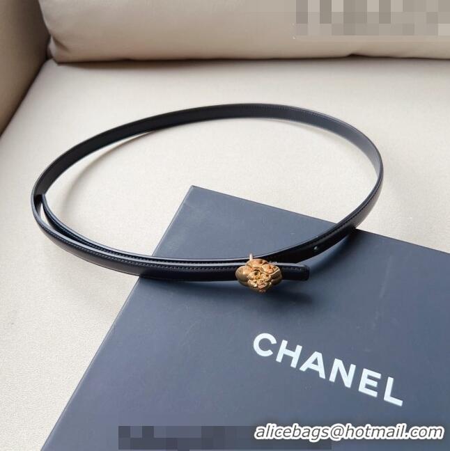 Chanel Calfskin Belt 1.5cm with Gold Camellia Bloom Buckle CH4014 Black 2023