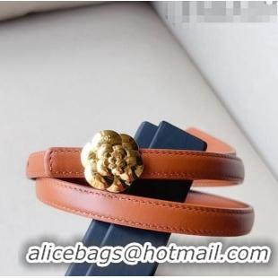 Well Crafted Chanel Calfskin Belt 1.5cm with Gold Camellia Bloom Buckle CH4014 Brown 2023