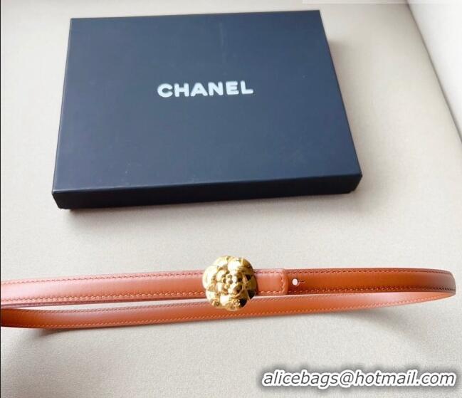 Well Crafted Chanel Calfskin Belt 1.5cm with Gold Camellia Bloom Buckle CH4014 Brown 2023