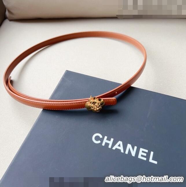 Well Crafted Chanel Calfskin Belt 1.5cm with Gold Camellia Bloom Buckle CH4014 Brown 2023