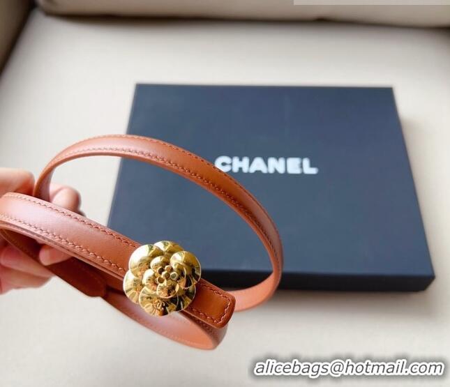 Well Crafted Chanel Calfskin Belt 1.5cm with Gold Camellia Bloom Buckle CH4014 Brown 2023