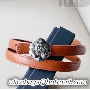 ​Cheapest Chanel Calfskin Belt 1.5cm with Silver Camellia Bloom Buckle CH4014 Brown/Silver 2023