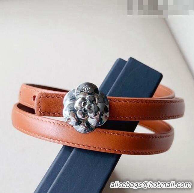 ​Cheapest Chanel Calfskin Belt 1.5cm with Silver Camellia Bloom Buckle CH4014 Brown/Silver 2023