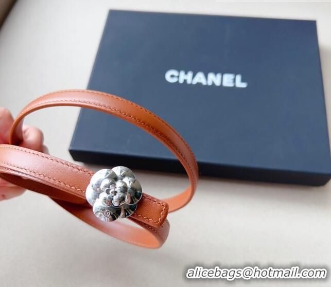 ​Cheapest Chanel Calfskin Belt 1.5cm with Silver Camellia Bloom Buckle CH4014 Brown/Silver 2023