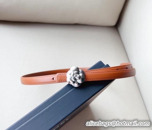 ​Cheapest Chanel Calfskin Belt 1.5cm with Silver Camellia Bloom Buckle CH4014 Brown/Silver 2023