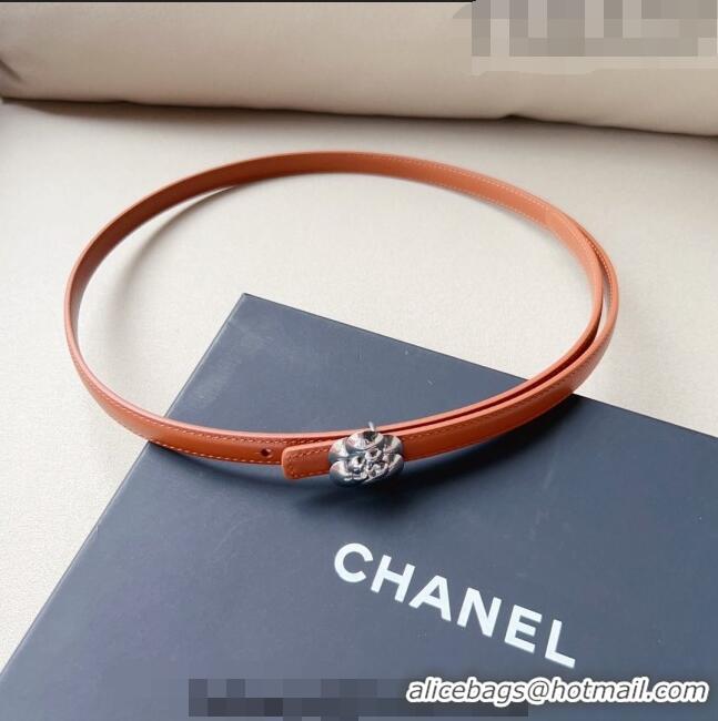 ​Cheapest Chanel Calfskin Belt 1.5cm with Silver Camellia Bloom Buckle CH4014 Brown/Silver 2023