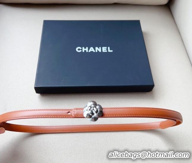 ​Cheapest Chanel Calfskin Belt 1.5cm with Silver Camellia Bloom Buckle CH4014 Brown/Silver 2023