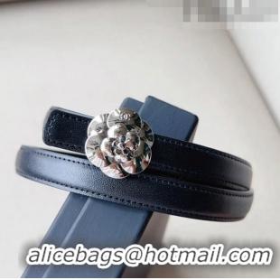 Good Quality Chanel Calfskin Belt 1.5cm with Silver Camellia Bloom Buckle CH4014 Black/Silver 2023