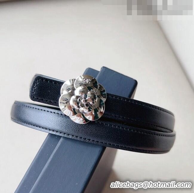 Good Quality Chanel Calfskin Belt 1.5cm with Silver Camellia Bloom Buckle CH4014 Black/Silver 2023