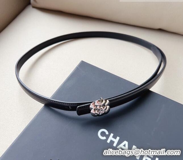 Good Quality Chanel Calfskin Belt 1.5cm with Silver Camellia Bloom Buckle CH4014 Black/Silver 2023