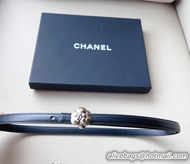 Good Quality Chanel Calfskin Belt 1.5cm with Silver Camellia Bloom Buckle CH4014 Black/Silver 2023