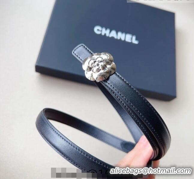 Good Quality Chanel Calfskin Belt 1.5cm with Silver Camellia Bloom Buckle CH4014 Black/Silver 2023