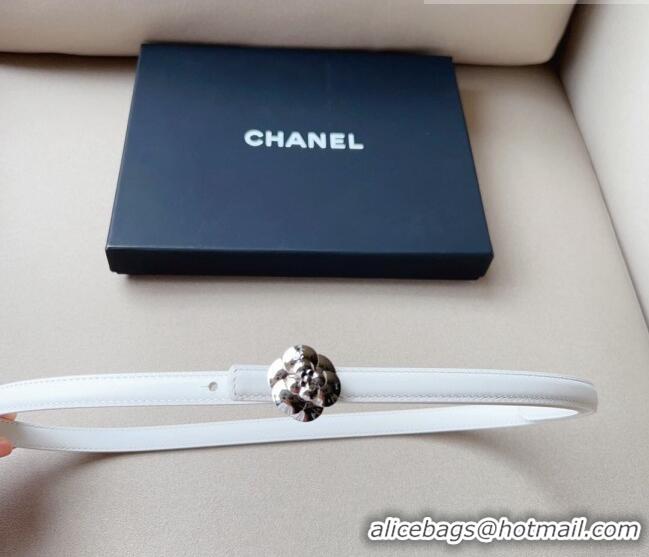 ​Inexpensive Chanel Calfskin Belt 1.5cm with Silver Camellia Bloom Buckle CH4014 White/Silver 2023