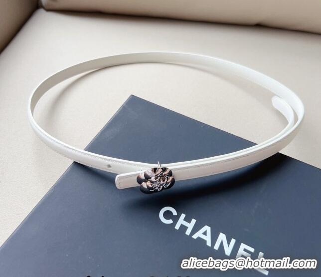 ​Inexpensive Chanel Calfskin Belt 1.5cm with Silver Camellia Bloom Buckle CH4014 White/Silver 2023