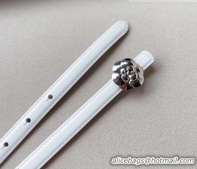 ​Inexpensive Chanel Calfskin Belt 1.5cm with Silver Camellia Bloom Buckle CH4014 White/Silver 2023