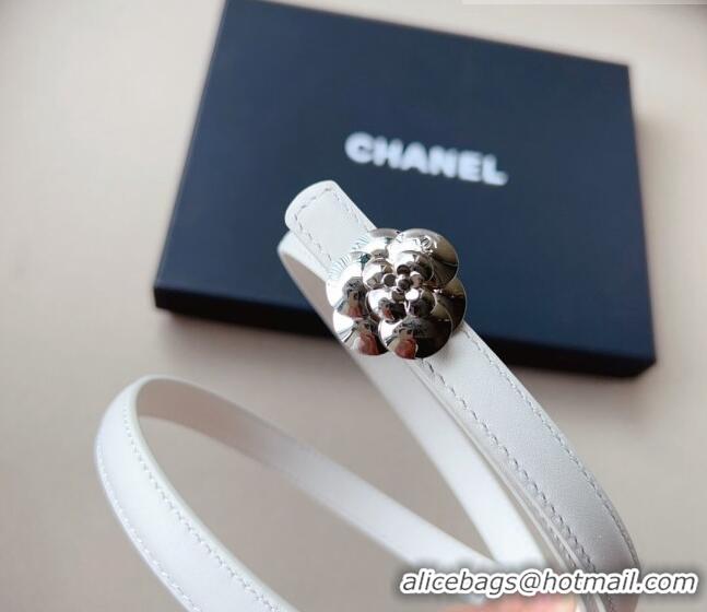 ​Inexpensive Chanel Calfskin Belt 1.5cm with Silver Camellia Bloom Buckle CH4014 White/Silver 2023