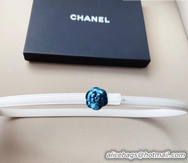 Top Grade Chanel Calfskin Belt 1.5cm with Blue Camellia Bloom Buckle CH4020 White 2023