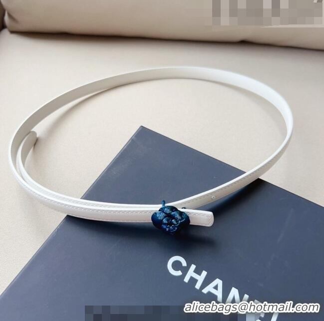 Top Grade Chanel Calfskin Belt 1.5cm with Blue Camellia Bloom Buckle CH4020 White 2023