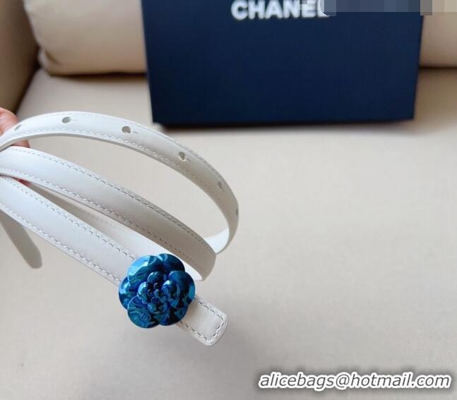 Top Grade Chanel Calfskin Belt 1.5cm with Blue Camellia Bloom Buckle CH4020 White 2023