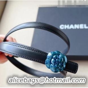 ​Super Quality Chanel Calfskin Belt 1.5cm with Blue Camellia Bloom Buckle CH4020 Black 2023