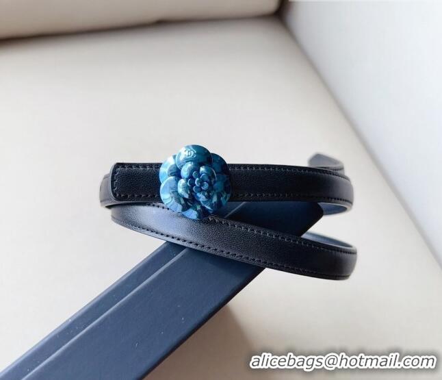 ​Super Quality Chanel Calfskin Belt 1.5cm with Blue Camellia Bloom Buckle CH4020 Black 2023