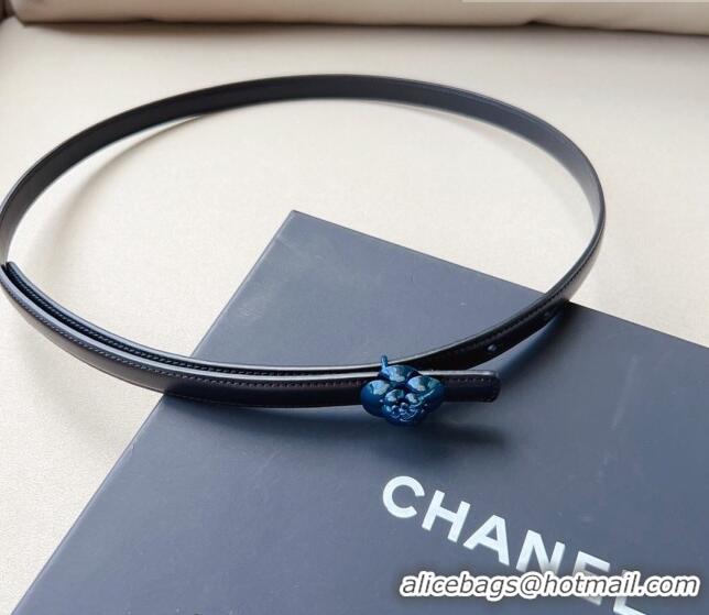 ​Super Quality Chanel Calfskin Belt 1.5cm with Blue Camellia Bloom Buckle CH4020 Black 2023