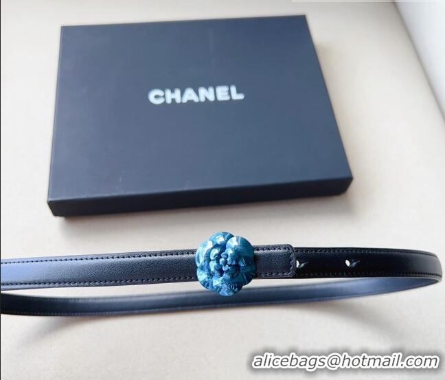 ​Super Quality Chanel Calfskin Belt 1.5cm with Blue Camellia Bloom Buckle CH4020 Black 2023