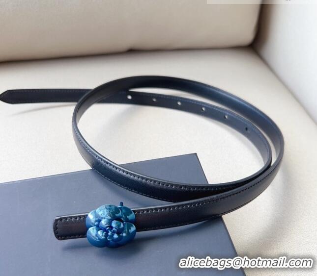 ​Super Quality Chanel Calfskin Belt 1.5cm with Blue Camellia Bloom Buckle CH4020 Black 2023