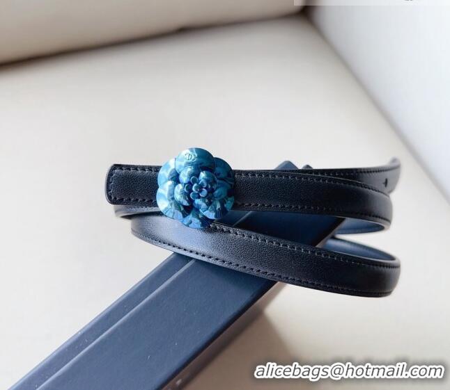 ​Super Quality Chanel Calfskin Belt 1.5cm with Blue Camellia Bloom Buckle CH4020 Black 2023