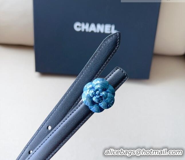 ​Super Quality Chanel Calfskin Belt 1.5cm with Blue Camellia Bloom Buckle CH4020 Black 2023