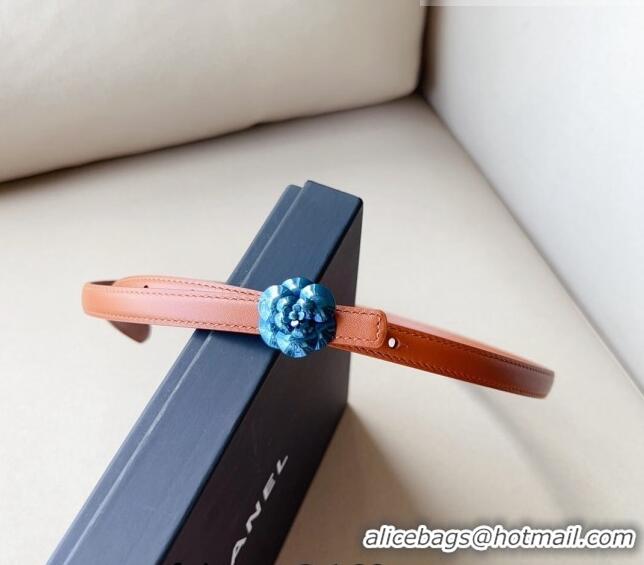 Super Quality Chanel Calfskin Belt 1.5cm with Blue Camellia Bloom Buckle CH4020 Brown 2023