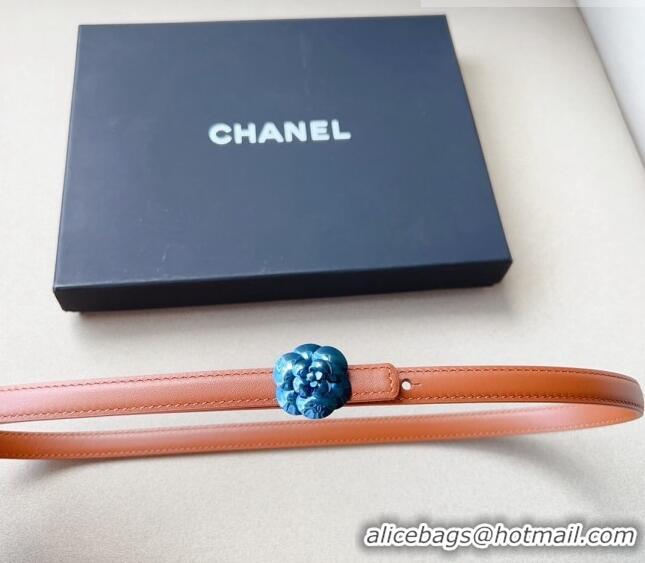 Super Quality Chanel Calfskin Belt 1.5cm with Blue Camellia Bloom Buckle CH4020 Brown 2023