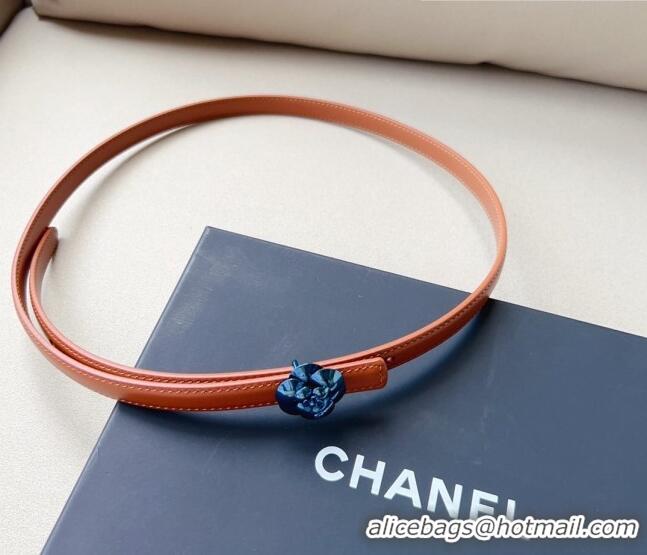 Super Quality Chanel Calfskin Belt 1.5cm with Blue Camellia Bloom Buckle CH4020 Brown 2023