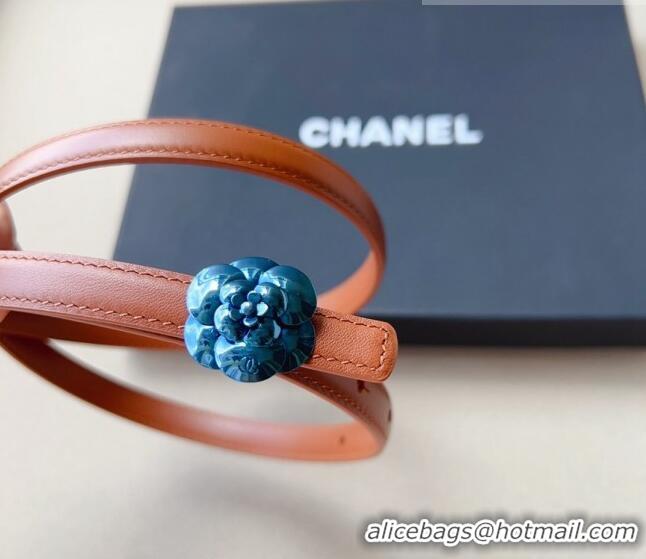 Super Quality Chanel Calfskin Belt 1.5cm with Blue Camellia Bloom Buckle CH4020 Brown 2023