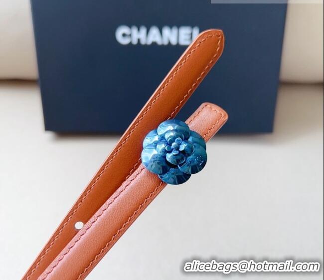 Super Quality Chanel Calfskin Belt 1.5cm with Blue Camellia Bloom Buckle CH4020 Brown 2023