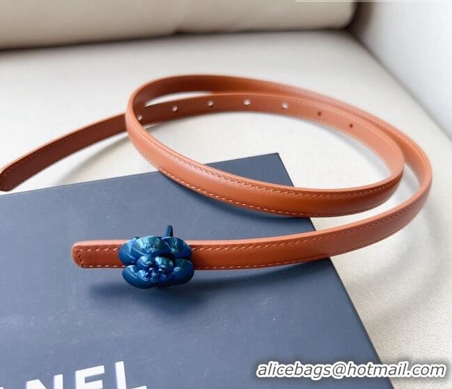 Super Quality Chanel Calfskin Belt 1.5cm with Blue Camellia Bloom Buckle CH4020 Brown 2023