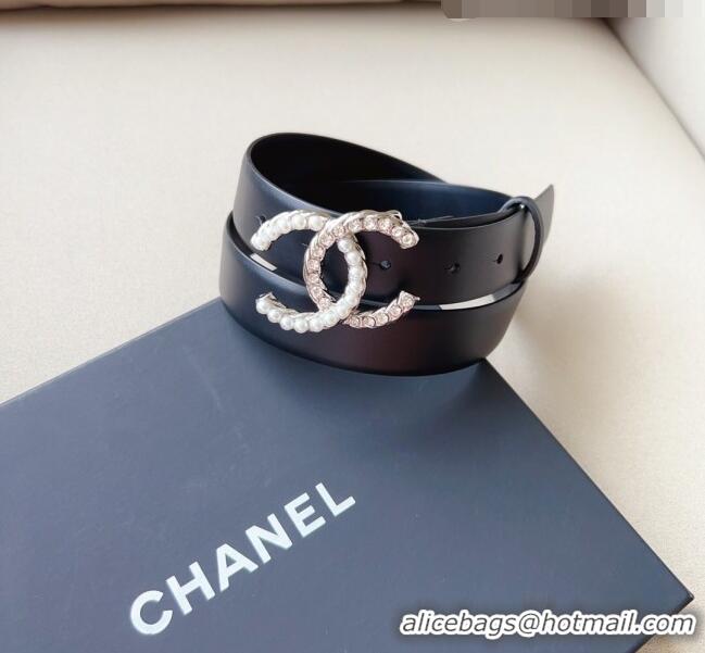 Trendy Design Chanel Smooth Leather Belt with Pearl CC Buckle 30mm CH8233 Black/Gold 2023