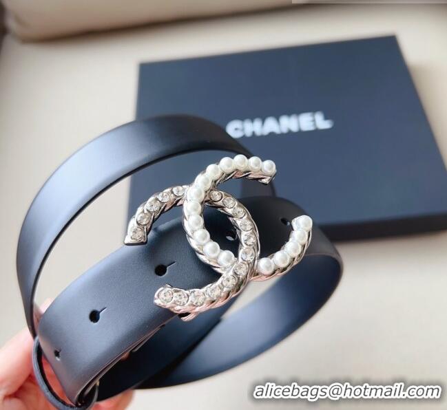 Trendy Design Chanel Smooth Leather Belt with Pearl CC Buckle 30mm CH8233 Black/Gold 2023