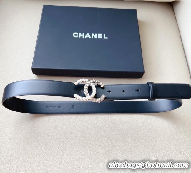 Trendy Design Chanel Smooth Leather Belt with Pearl CC Buckle 30mm CH8233 Black/Gold 2023