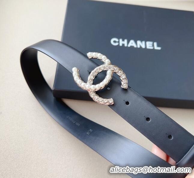 Trendy Design Chanel Smooth Leather Belt with Pearl CC Buckle 30mm CH8233 Black/Gold 2023