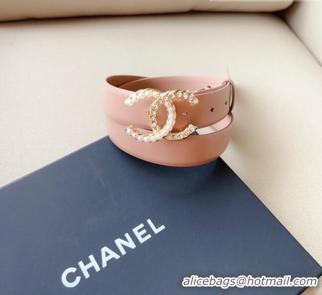 ​Popular Style Chanel Smooth Leather Belt with Pearl CC Buckle 30mm CH8233 Pink/Gold 2023