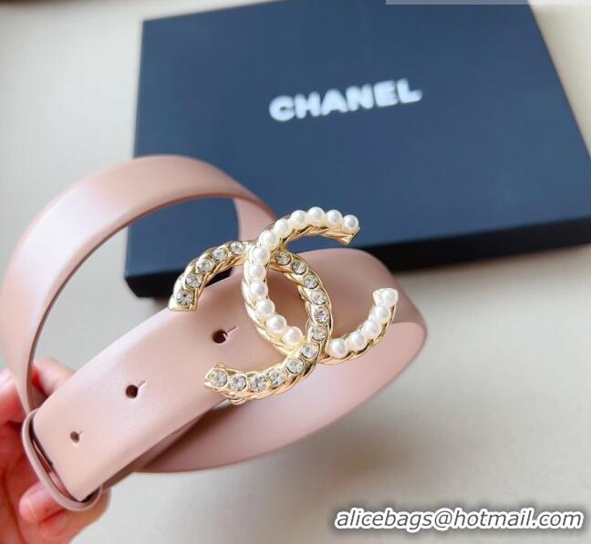 ​Popular Style Chanel Smooth Leather Belt with Pearl CC Buckle 30mm CH8233 Pink/Gold 2023