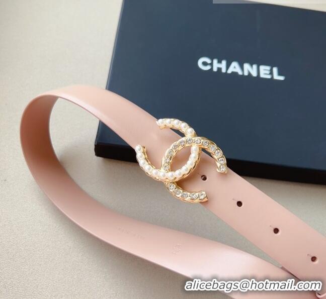 ​Popular Style Chanel Smooth Leather Belt with Pearl CC Buckle 30mm CH8233 Pink/Gold 2023