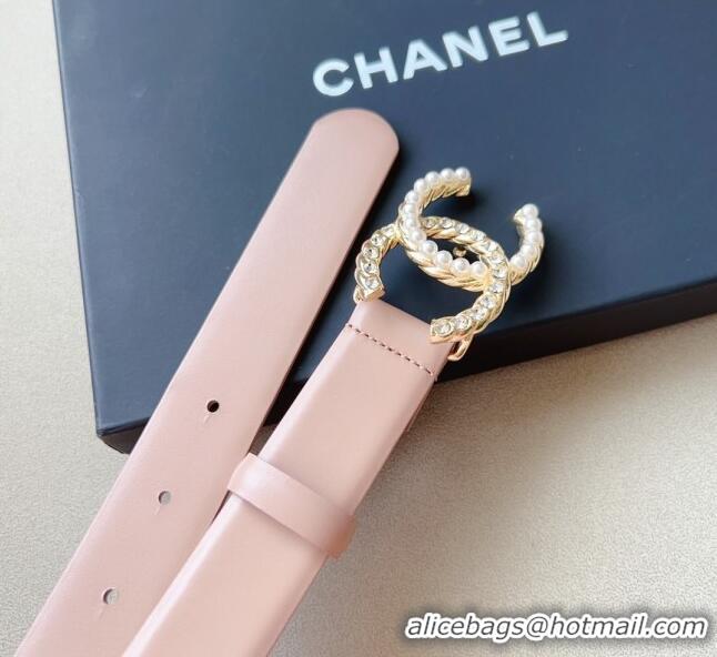 ​Popular Style Chanel Smooth Leather Belt with Pearl CC Buckle 30mm CH8233 Pink/Gold 2023