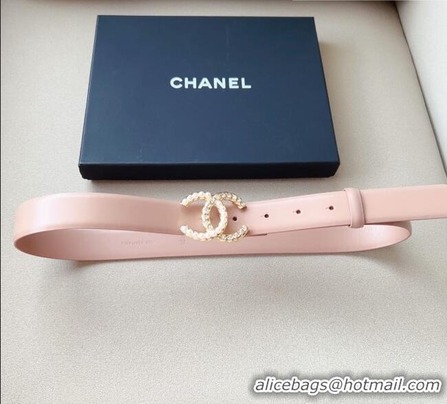 ​Popular Style Chanel Smooth Leather Belt with Pearl CC Buckle 30mm CH8233 Pink/Gold 2023