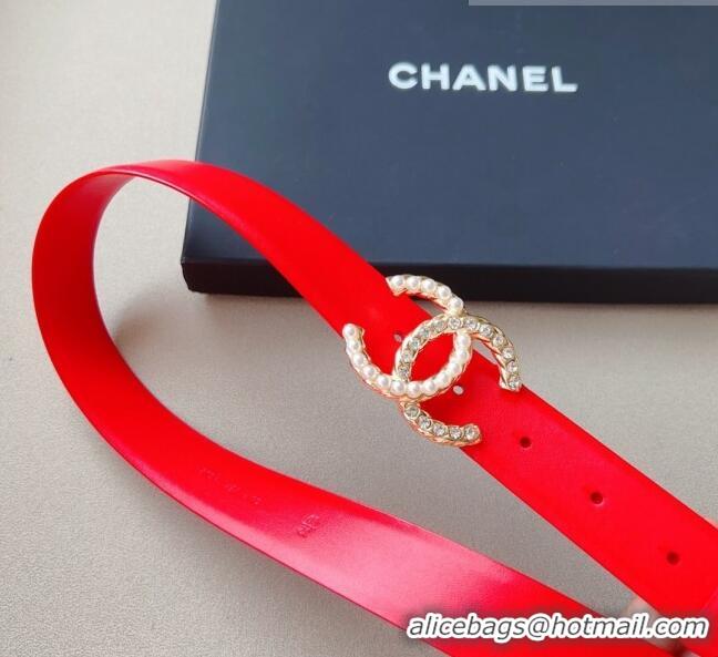 Reasonable Price Chanel Smooth Leather Belt with Pearl CC Buckle 30mm CH8233 Red/Gold 2023