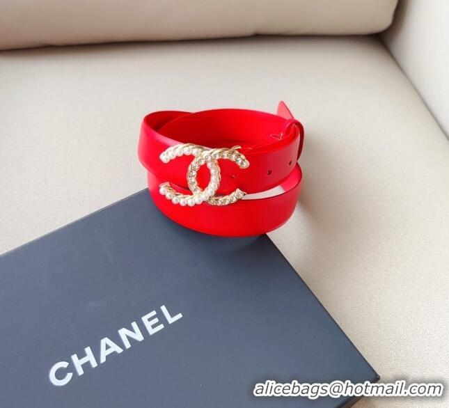 Reasonable Price Chanel Smooth Leather Belt with Pearl CC Buckle 30mm CH8233 Red/Gold 2023