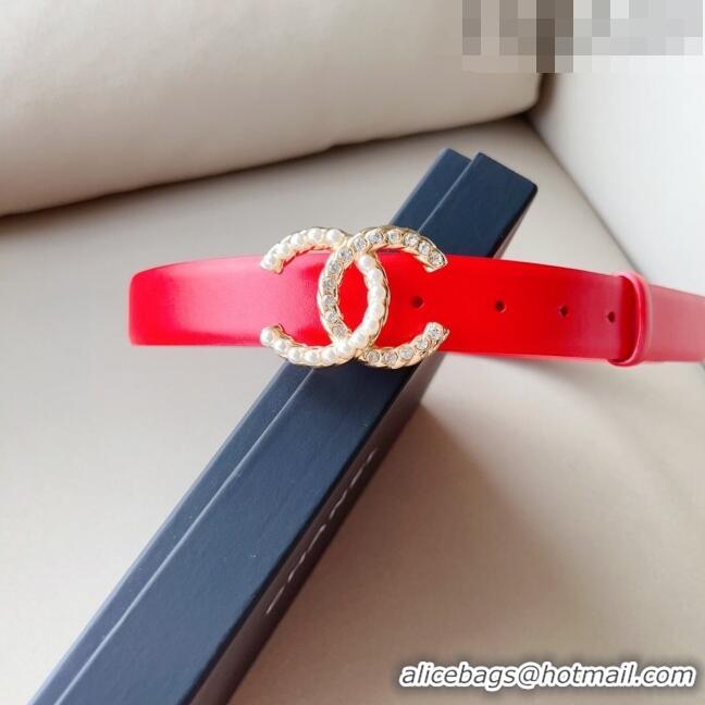 Reasonable Price Chanel Smooth Leather Belt with Pearl CC Buckle 30mm CH8233 Red/Gold 2023