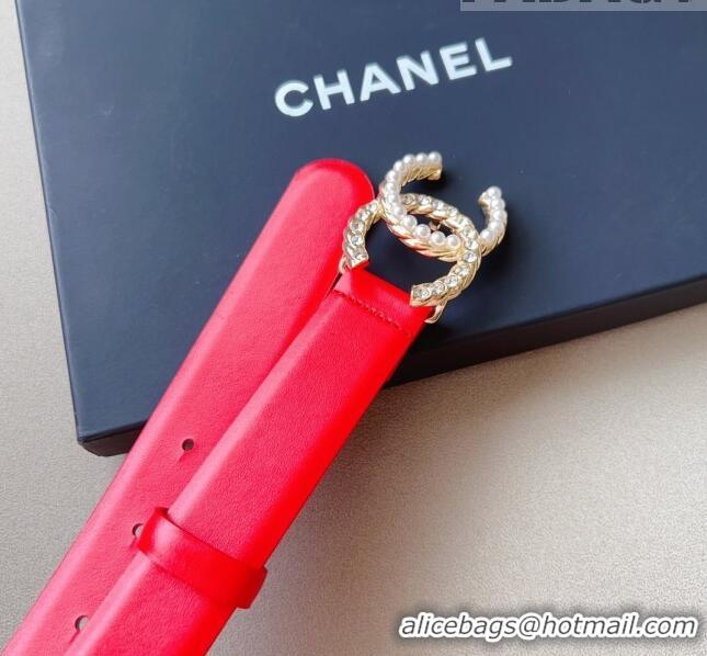 Reasonable Price Chanel Smooth Leather Belt with Pearl CC Buckle 30mm CH8233 Red/Gold 2023