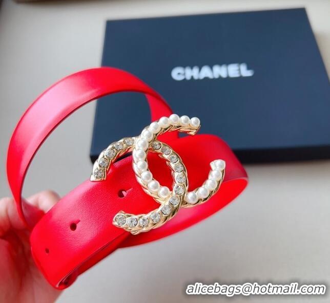 Reasonable Price Chanel Smooth Leather Belt with Pearl CC Buckle 30mm CH8233 Red/Gold 2023